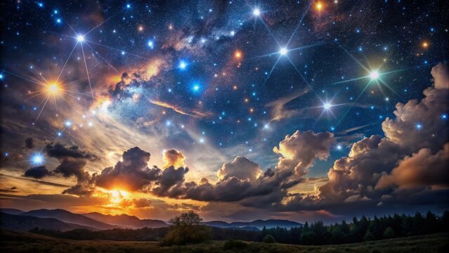 Celestial canvas of misty clouds revealing majestic silhouettes of Orion, Taurus, Auriga, and Gemini constellations in a star-studded night sky.