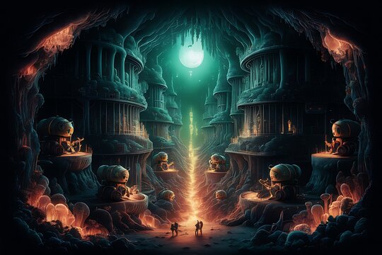 An otherworldly scene depicting a moonlit cave with a glowing path extending into the distance, surrounded by mysterious structures and figures.