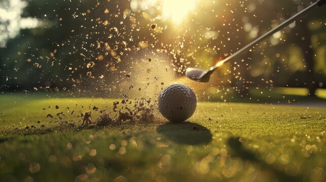 A close-up dynamic shot of a golf ball being hit by a club, intense impact, ball deforming and particles scattering
