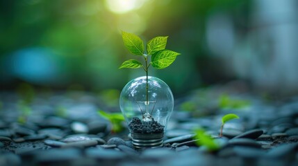 Green Energy Investment: Plants and Money Growing on a Tree Inside a Lightbulb