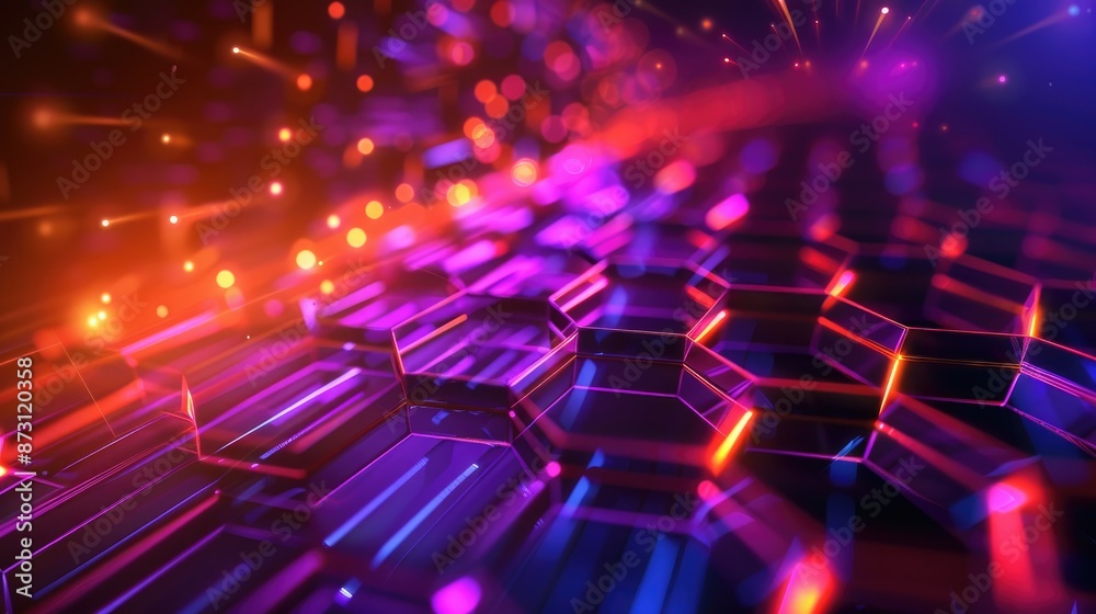 Poster a futuristic abstract background with hexagonal patterns and neon accents.