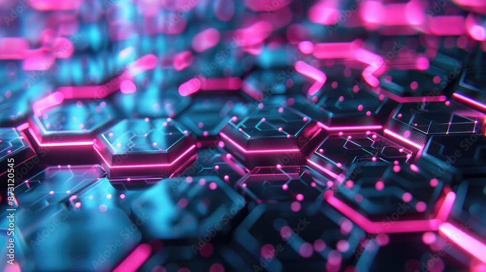 Poster a futuristic abstract background with hexagonal patterns and neon accents.