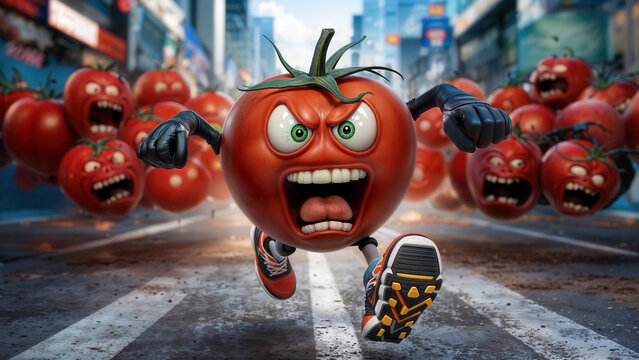 Angry tomato with running shoes fed-up with the undead infected zombies in the city streets, smashes and runs fast through the horse knocking them in the air with his gloved fists. 
