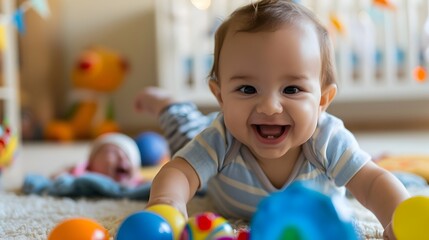 Fototapeta premium Joyful Toddler Playing with Colorful Toys in Cozy Nursery