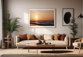 Frame mockup, ISO A paper size. Living room poster mockup. Interior mockup with house white background. Modern interior design. 3D render