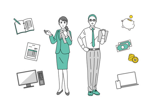 経理会計職のビジネスパーソンのビジネスシーンの全身イラスト