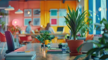 A worker's office, vibrant and energetic, capturing employees brainstorming in a brightly lit meeting room