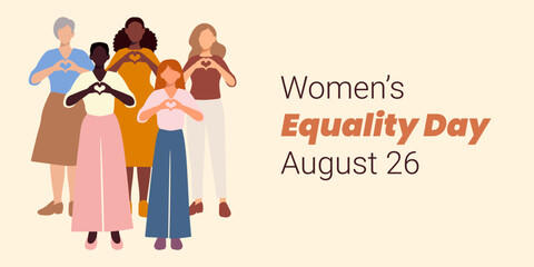 A poster for Women's Equality Day with four women holding hands and hearts. The poster is on a white background