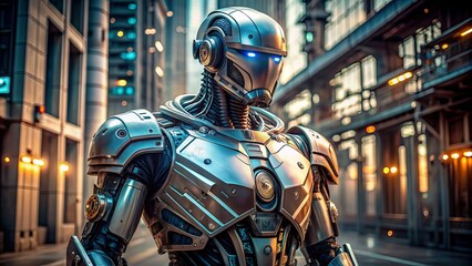 Fototapeta premium Futuristic autonomous security robot in metallic armor stands guard, equipped with advanced sensors and futuristic artificial intelligence systems.