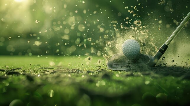 Close-up action shot of a golf club making contact with a ball, intense impact, causing a dynamic spray of grass and dirt particles