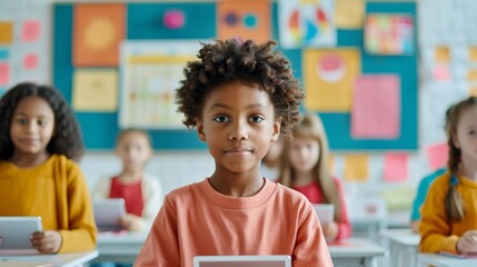Classroom with diverse students using tablets