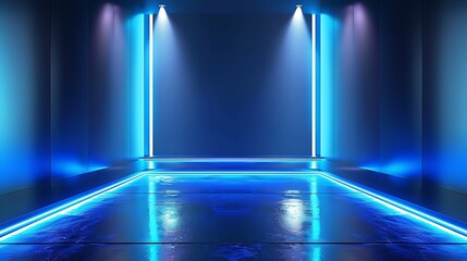Fototapeta premium Blue neon light product background stage on sleek metallic floor with intense glow spotlight, in futuristic style