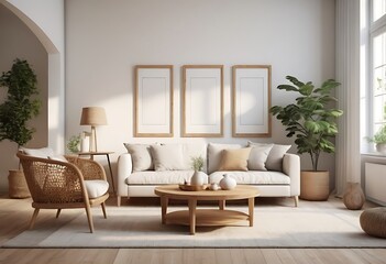Frame mockup, ISO A paper size. Living room poster mockup. Interior mockup with house white background. Modern interior design. 3D render