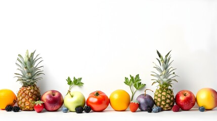 Assortment of Fresh Fruits and Vegetables on a White Background