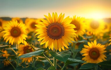 Sunflower Field at Dawn with Glowing Sunlight and Dew-Kissed Blooms 