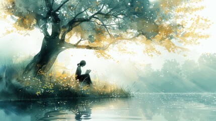 Woman reading a book under a large tree