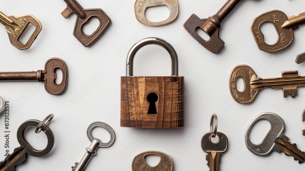Fototapete padlock surrounded by keys depicting a password on white background