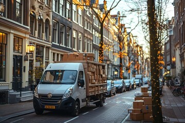A delivery truck with several stacks of boxes inside professional photography