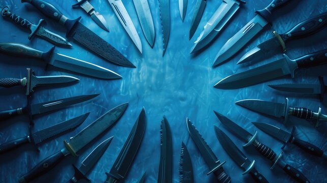 Circle of Knives on Blue Background