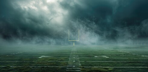 American football field in a dark stormy sky. 3d rendering.