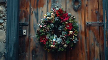 Festive wreath adorned with toys on aged wooden door
