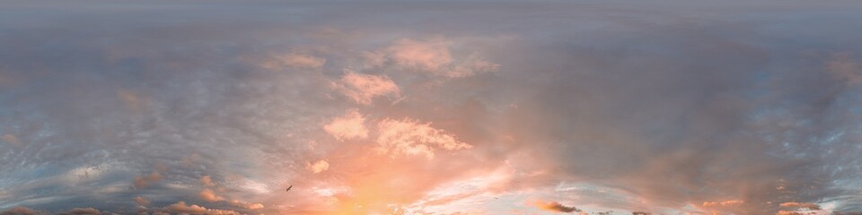 360 panorama of glowing sunset sky with bright pink Cumulus clouds. HDR 360 seamless spherical panorama. Full zenith or sky dome sky replacement for aerial drone panoramas. Climate and weather change.