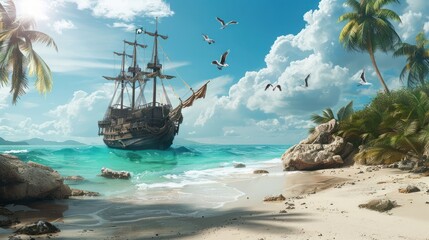 Sailing into Paradise: A Galleon Approaches a Tropical Island