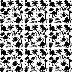 Cute kids pattern for girls and boys. Colorful dinosaurs on the abstract grunge background create a fun cartoon drawing. The background is executed in monochrome colors. For textile and fabric