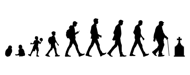 Vector illustration. Silhouette of growing up man from baby to old age. Many people of different ages in a row.	