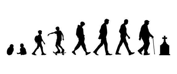 Vector illustration. Silhouette of growing up man from baby to old age. Many people of different ages in a row.	
