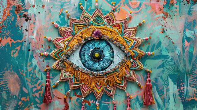 Modern handmade Ojo De Dios mandala with crystals beads and tassels on paper background