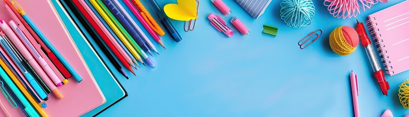 Fototapeta premium Top view of various colorful stationery and office supplies on a blue background. Back to school and creativity concept.