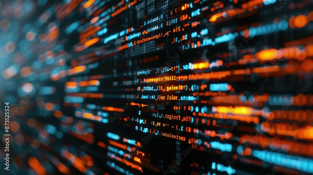Poster vibrant, multicolored code on screen shows programming, technology, software development, digital in