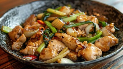 Stir fried Chinese chicken leek and onion dish