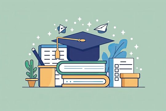 Illustration of graduation cap, books, and stationery, representing education, learning, and academic achievement on a pastel background.