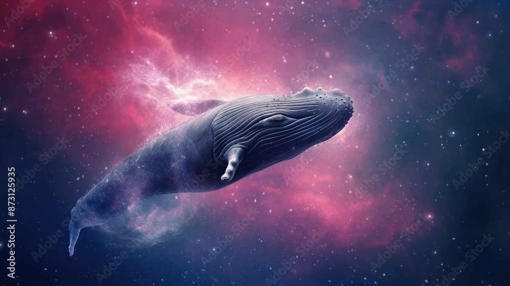 Wall mural surreal art design of a whale floating in space with a cosmic background and starry sky. digital art