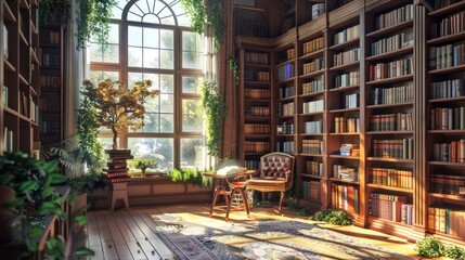 Sunlight Bathes a Library Filled with Books and Plants
