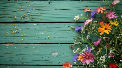 Colorful flowers on green wooden planks