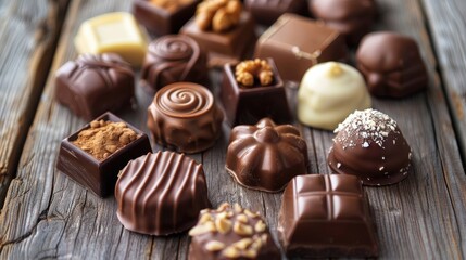 Assorted chocolate varieties with nuts on a wooden surface