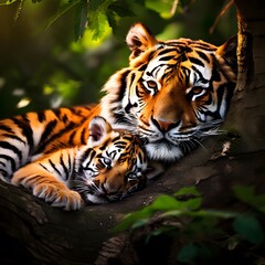 Fototapeta premium Tiger in the forest, mother love concept art