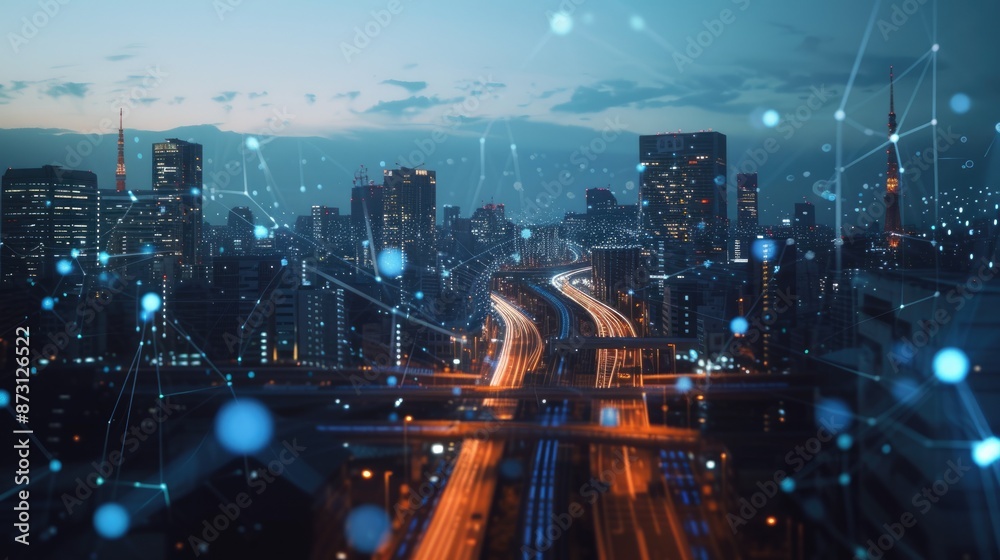 Wall mural smart city with connecting network and internet of things digital graphics over the skyline aig41