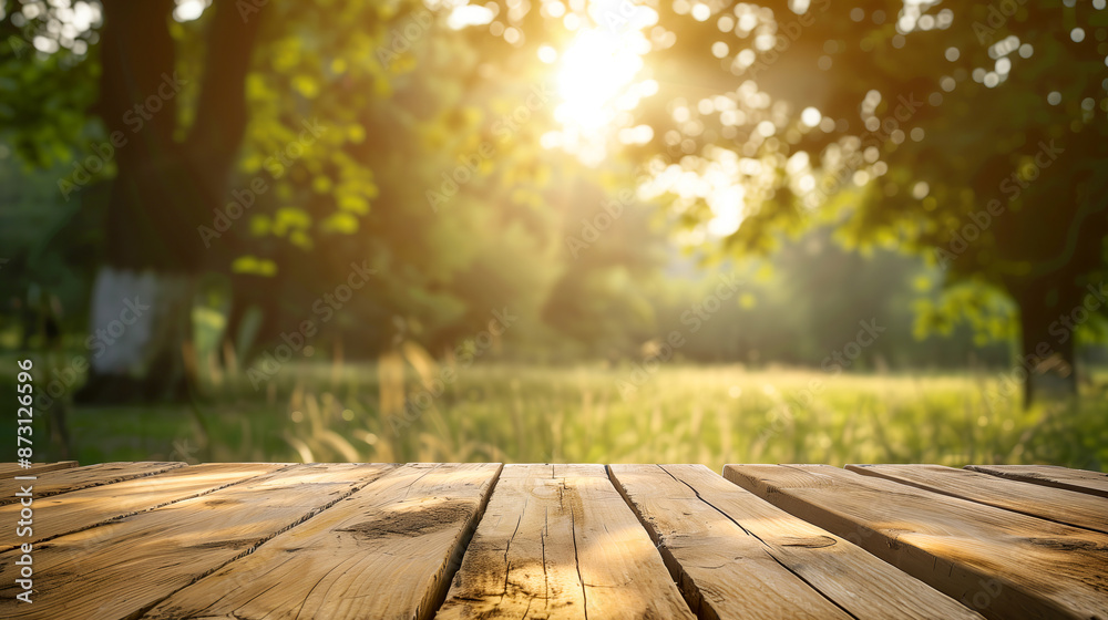 Poster a wooden table with a view of trees and a bright sun blurred evening background, wooden table top an