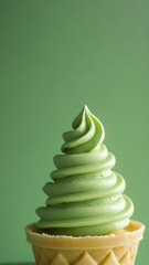 matcha soft serve on green background, japanese green tea ice cream