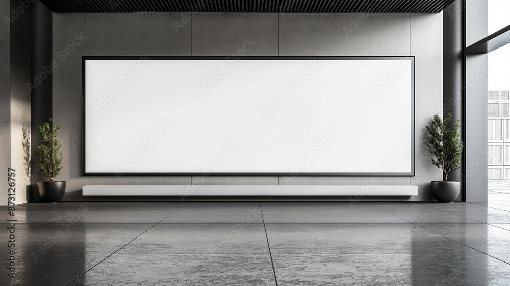 Poster large white display billboard on the gray wall and office building. Large room with bright clean white empty display place for advertisement and design mock up. White display mock up. Room with tile