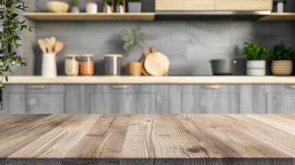 Kitchen countertop wooden table with blurred kitchen home cozy background. Empty wooden table in the kitchen. Kitchen home cozy background interior design place for product placement