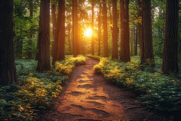 a serene treelined path with sunlight professional photography