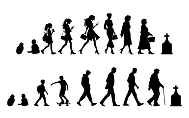 Vector illustration. Silhouette of growing up man from baby to old age. Many people of different ages in a row.	