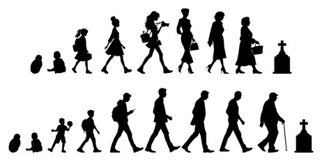 Vector illustration. Silhouette of growing up man from baby to old age. Many people of different ages in a row.	