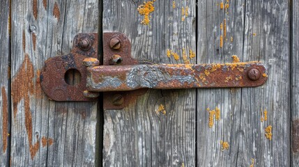 Rusty lock secures weathered wooden door