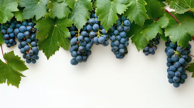 Grapes and vine leaves on white background with space for text View more grape leaf pictures